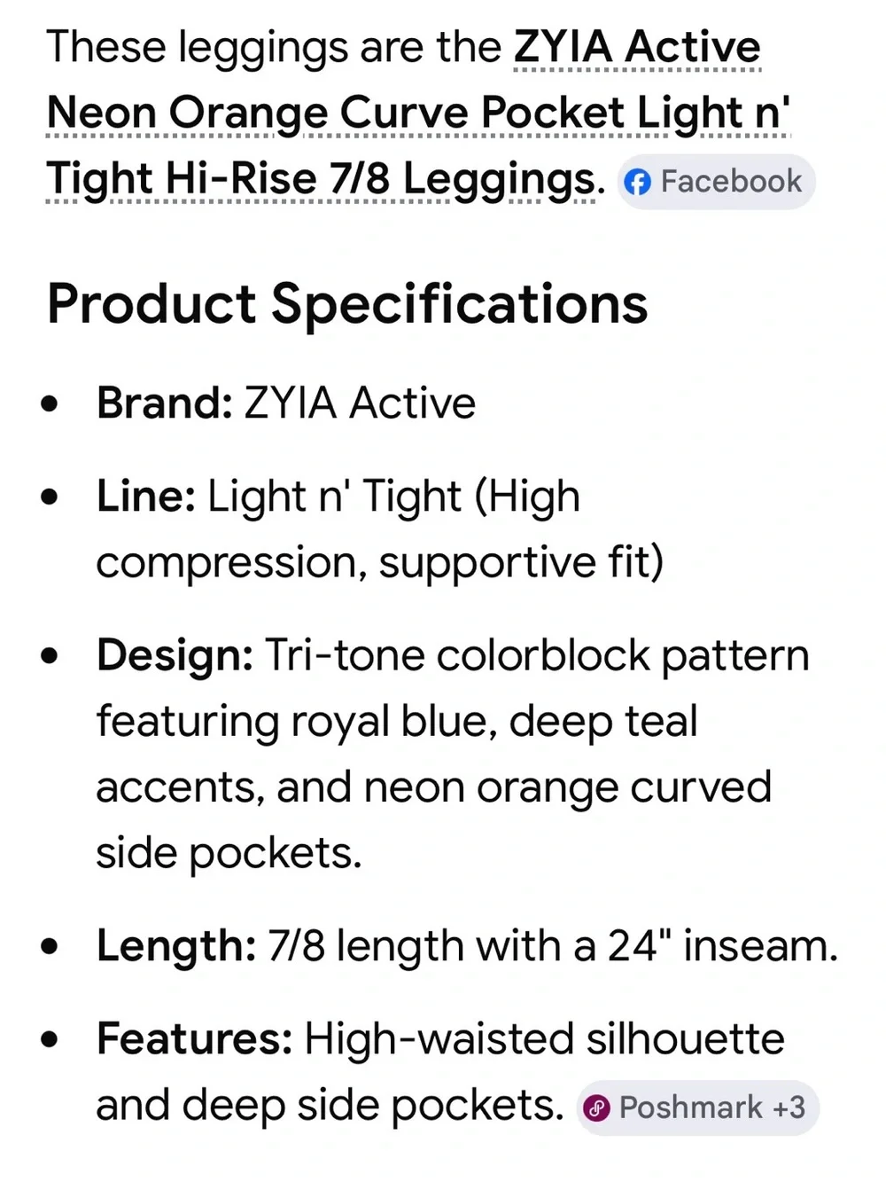 ZYIA Neon Orange Curve Pocket Light n Tight Hi-Rise 7/8 24” Sz 6-8 Royal Blue